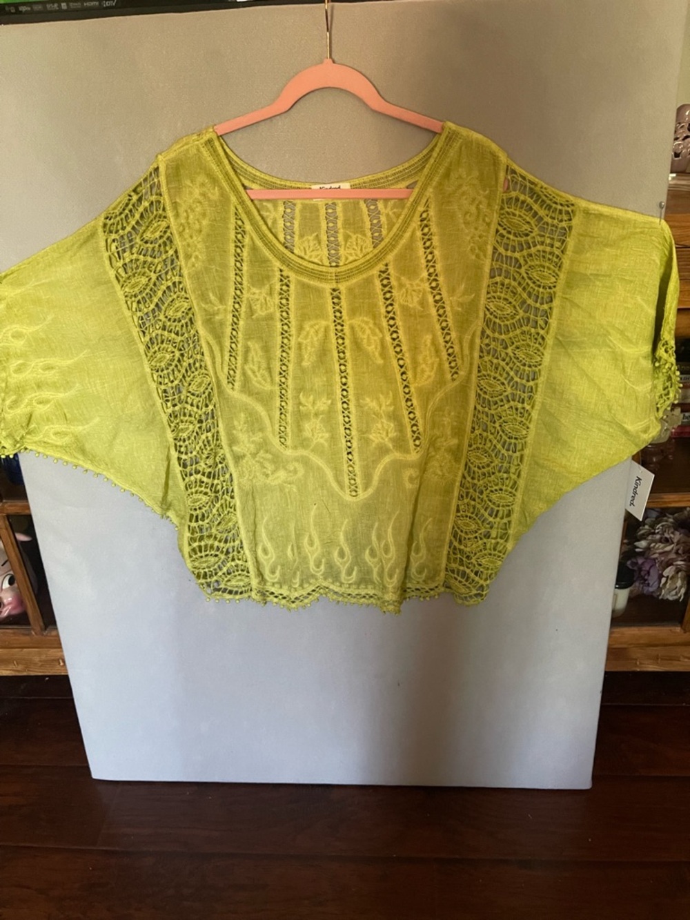 Anthropologie Lime Green Lace-Panel Crochet Top NWT #90